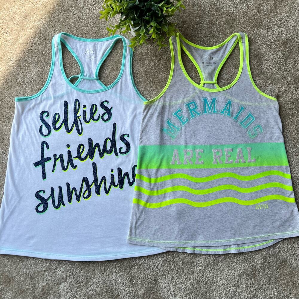Justice White and Light Gray Racerback Graphic Tank Tops Set of 2 Size: 16